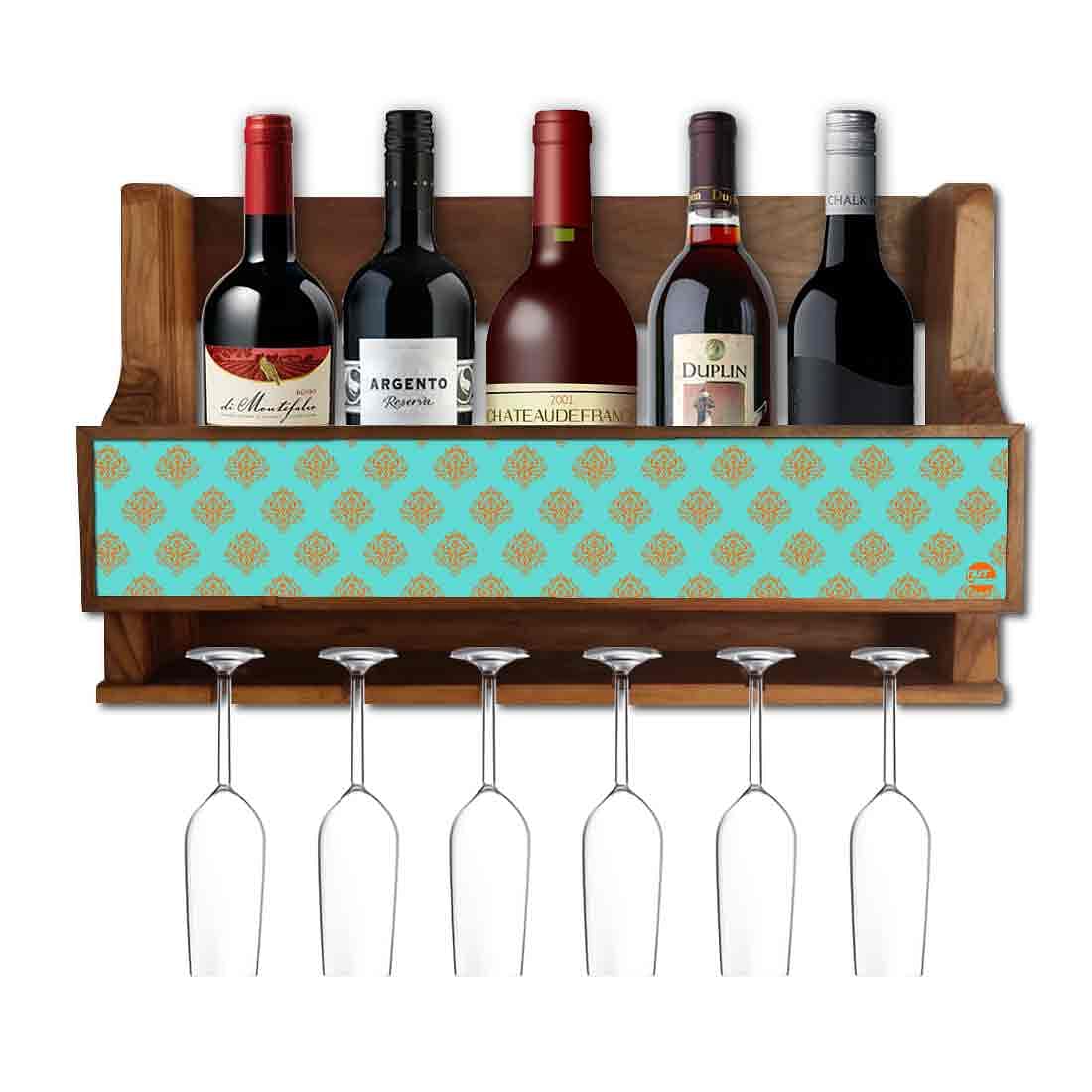Nutcase Designer Wooden Wine Rack Gloss Holder, Teak Wood Wall Mounted Wine
 Cabinet , 5 bottle Hangers for 6 Wine Glasses -