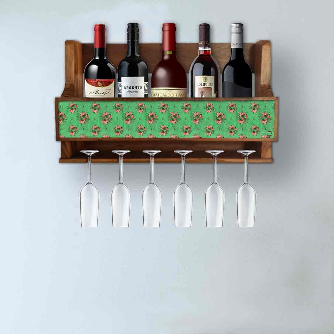 Nutcase Designer Wooden Wine Rack Gloss Holder, Teak Wood Wall Mounted Wine
 Cabinet , 5 bottle Hangers for 6 Wine Glasses - - Image 3