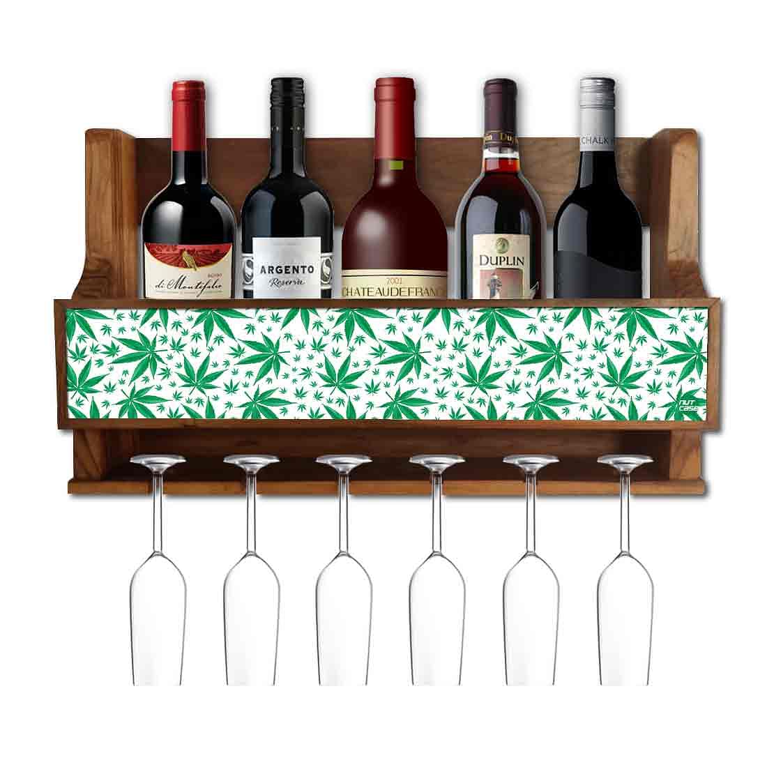 Nutcase Designer Wooden Wine Rack Gloss Holder, Teak Wood Wall Mounted Wine
 Cabinet , 5 bottle Hangers for 6 Wine Glasses -