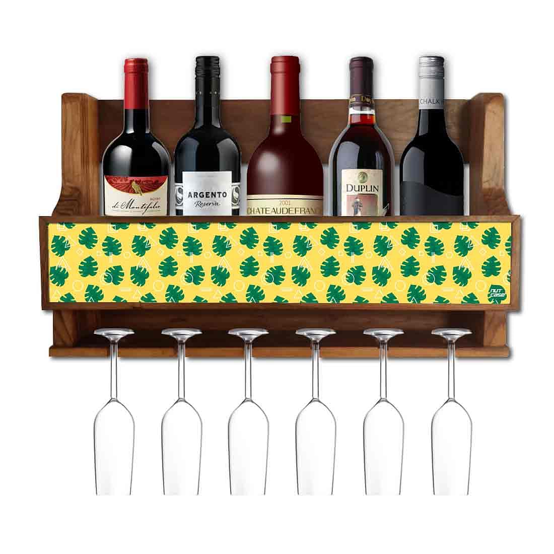 Nutcase Designer Wooden Wine Rack Gloss Holder, Teak Wood Wall Mounted Wine
 Cabinet , 5 bottle Hangers for 6 Wine Glasses -