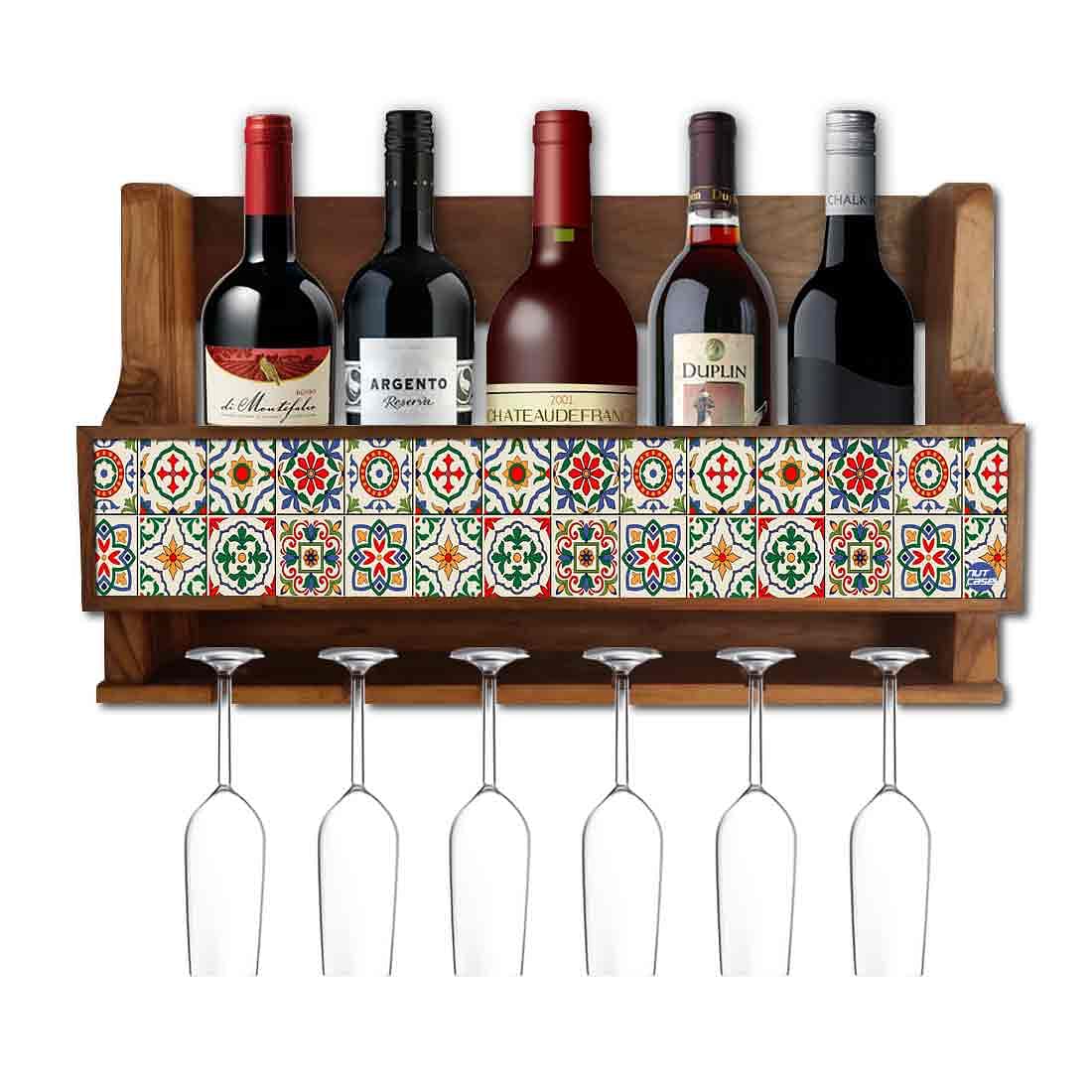 Designer Wood Wine Rack Wall  for Living Room - Stores 5 Bottles 6  Glasses - Spanish Tiles