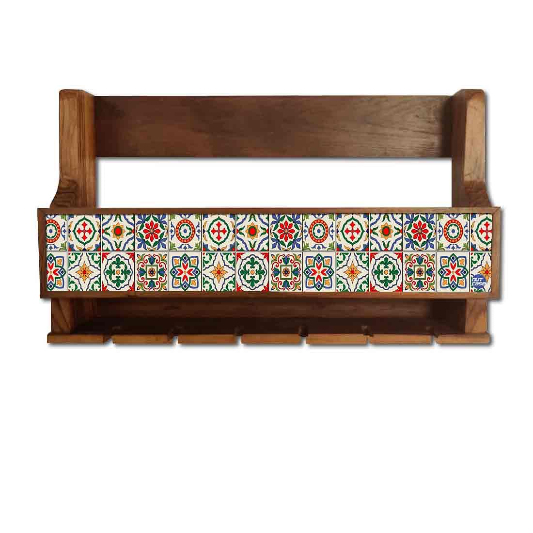 Designer Wood Wine Rack Wall  for Living Room - Stores 5 Bottles 6  Glasses - Spanish Tiles - Image 2