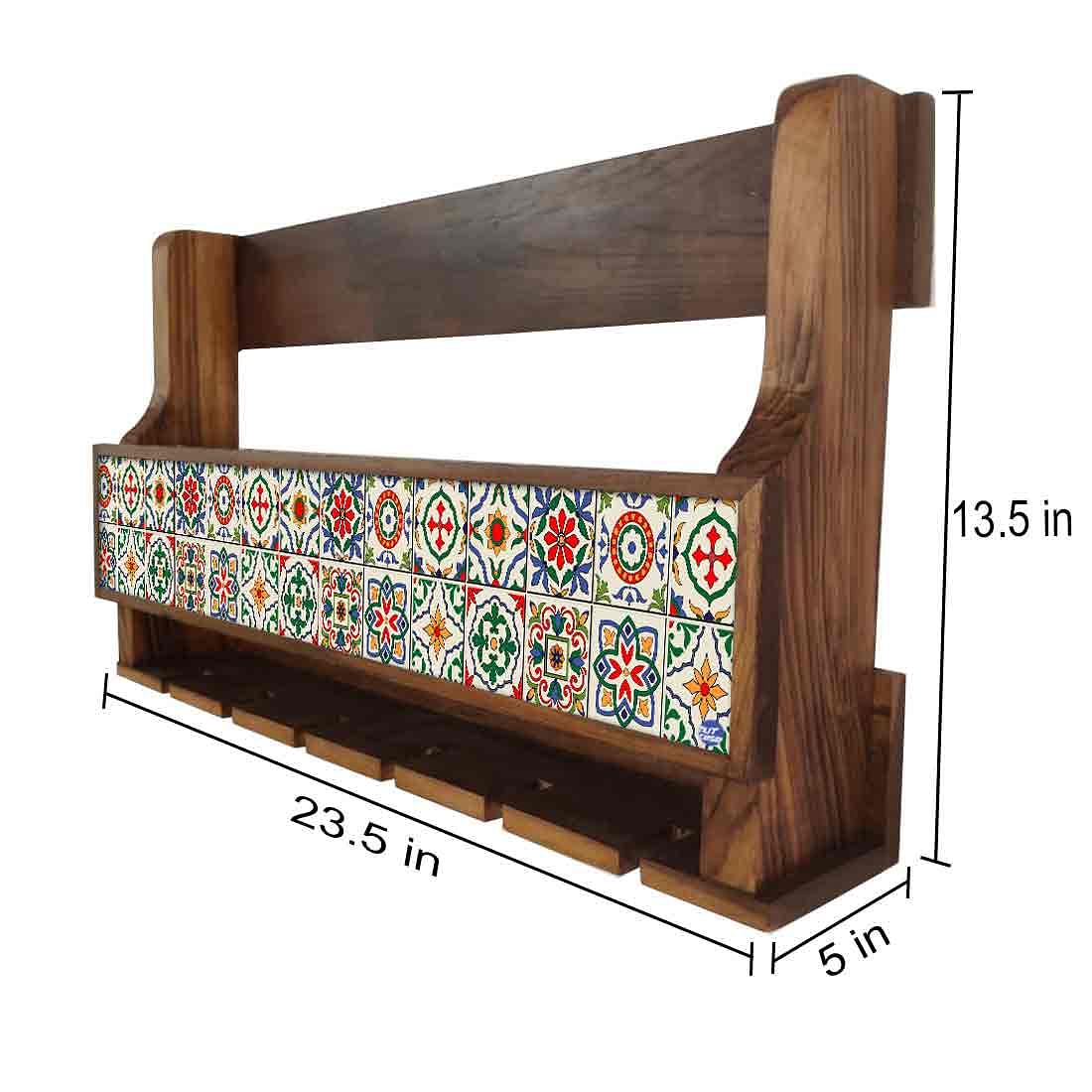 Designer Wood Wine Rack Wall  for Living Room - Stores 5 Bottles 6  Glasses - Spanish Tiles - Image 4