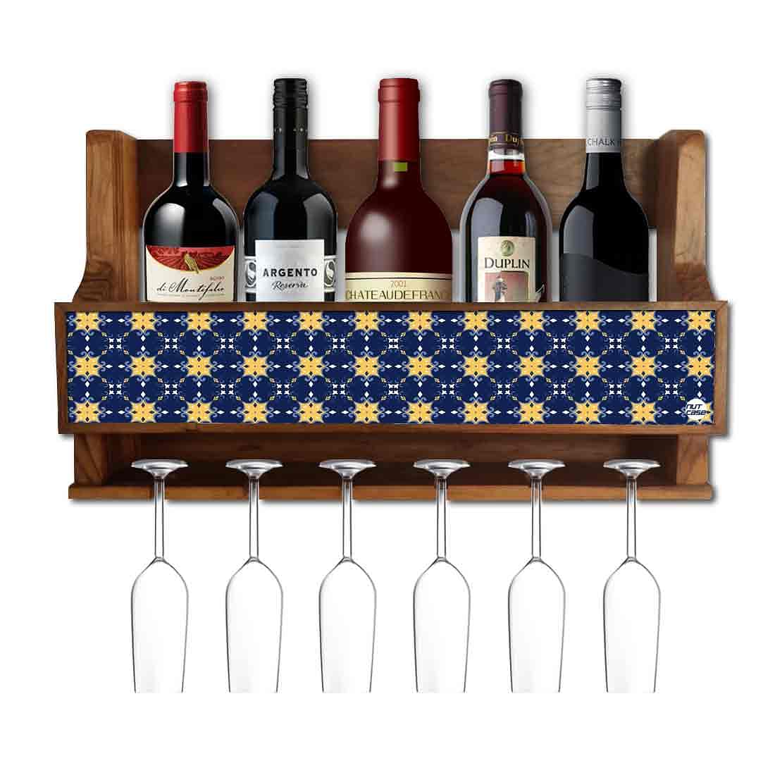 Nutcase Designer Wooden Wine Rack Gloss Holder, Teak Wood Wall Mounted Wine
Cabinet , 5 bottle Hangers for 6 Wine Glasses -