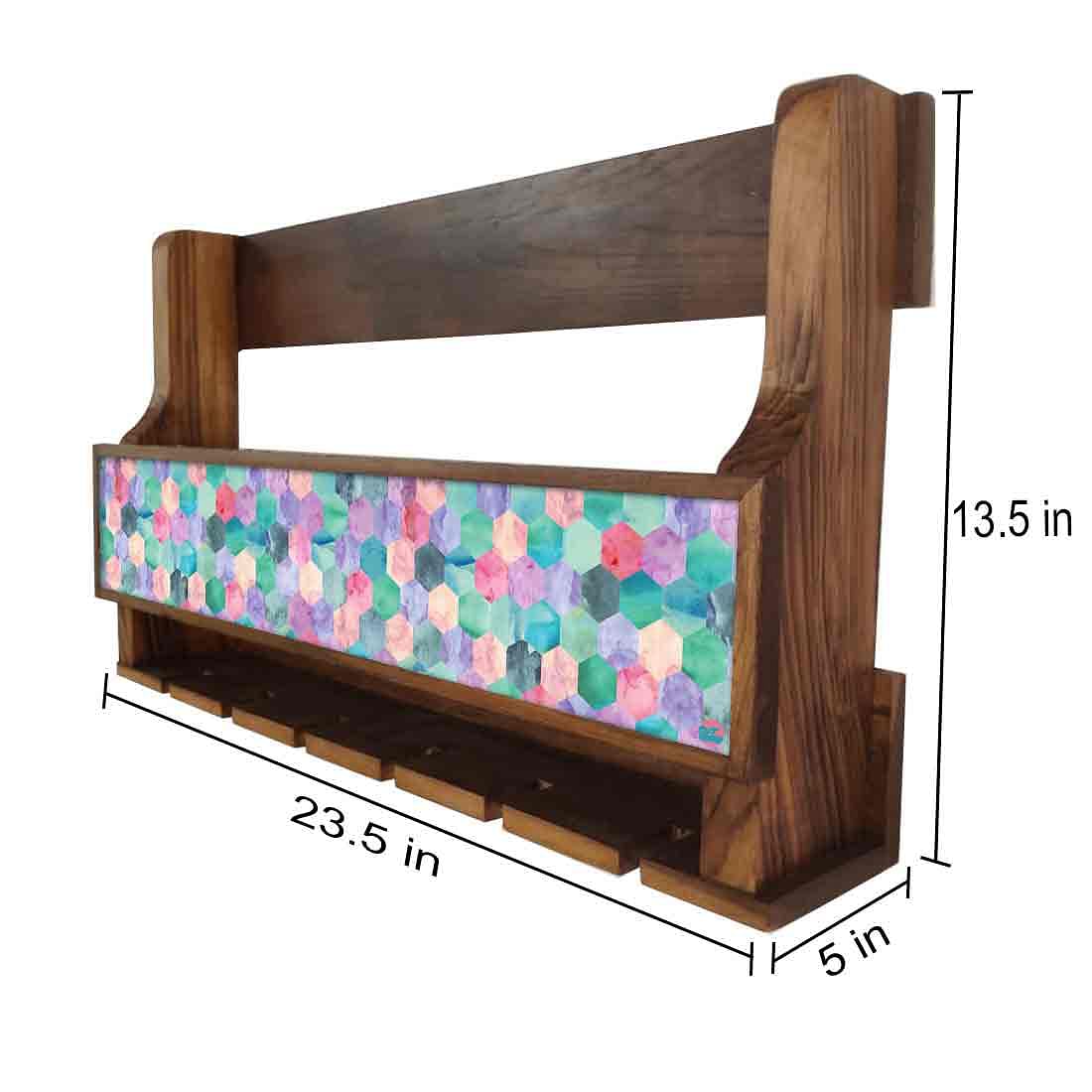 Nutcase Designer Wooden Wine Rack Gloss Holder, Teak Wood Wall Mounted Wine
Cabinet , 5 bottle Hangers for 6 Wine Glasses - - Image 4