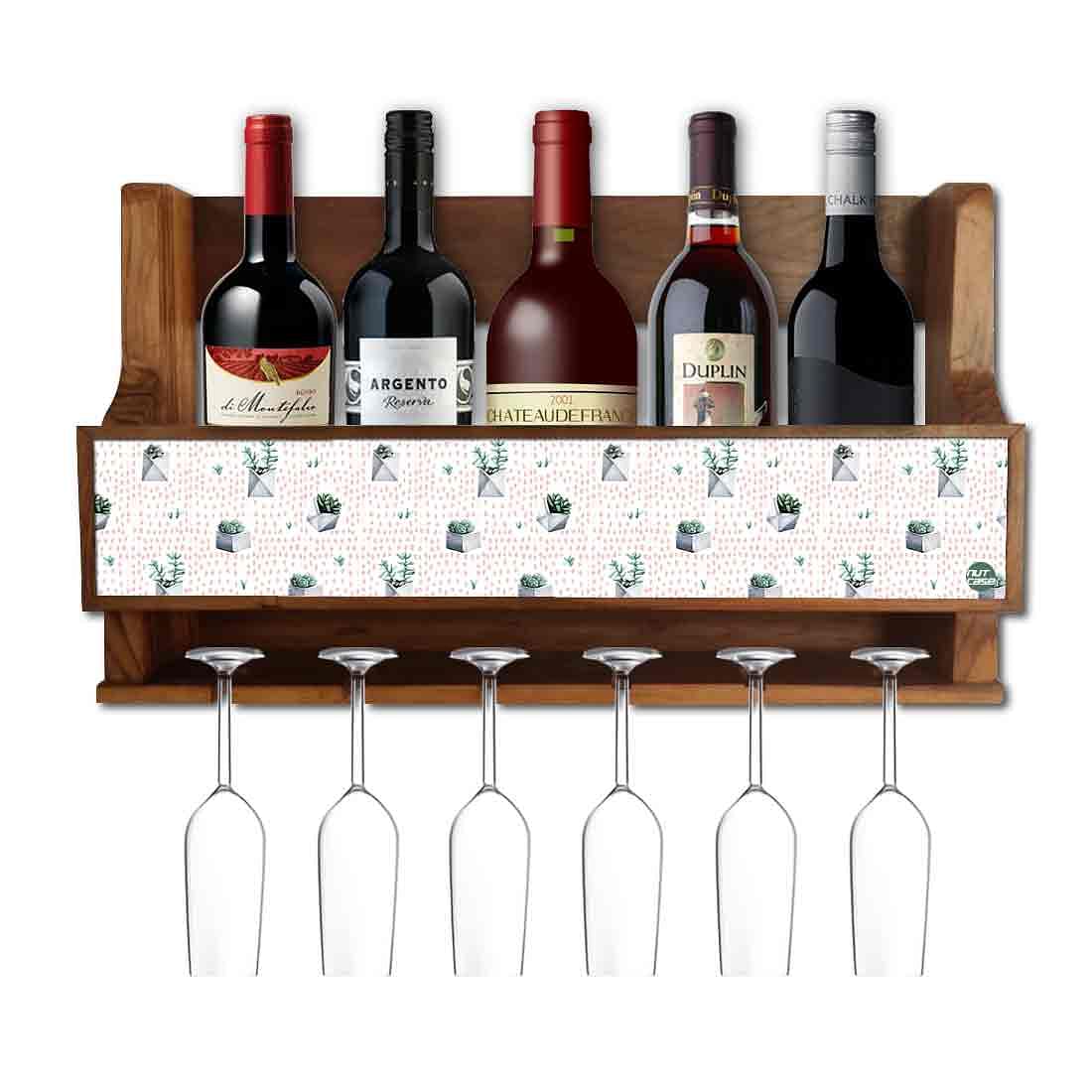 Nutcase Designer Wooden Wine Rack Gloss Holder, Teak Wood Wall Mounted Wine
 Cabinet , 5 bottle Hangers for 6 Wine Glasses -
