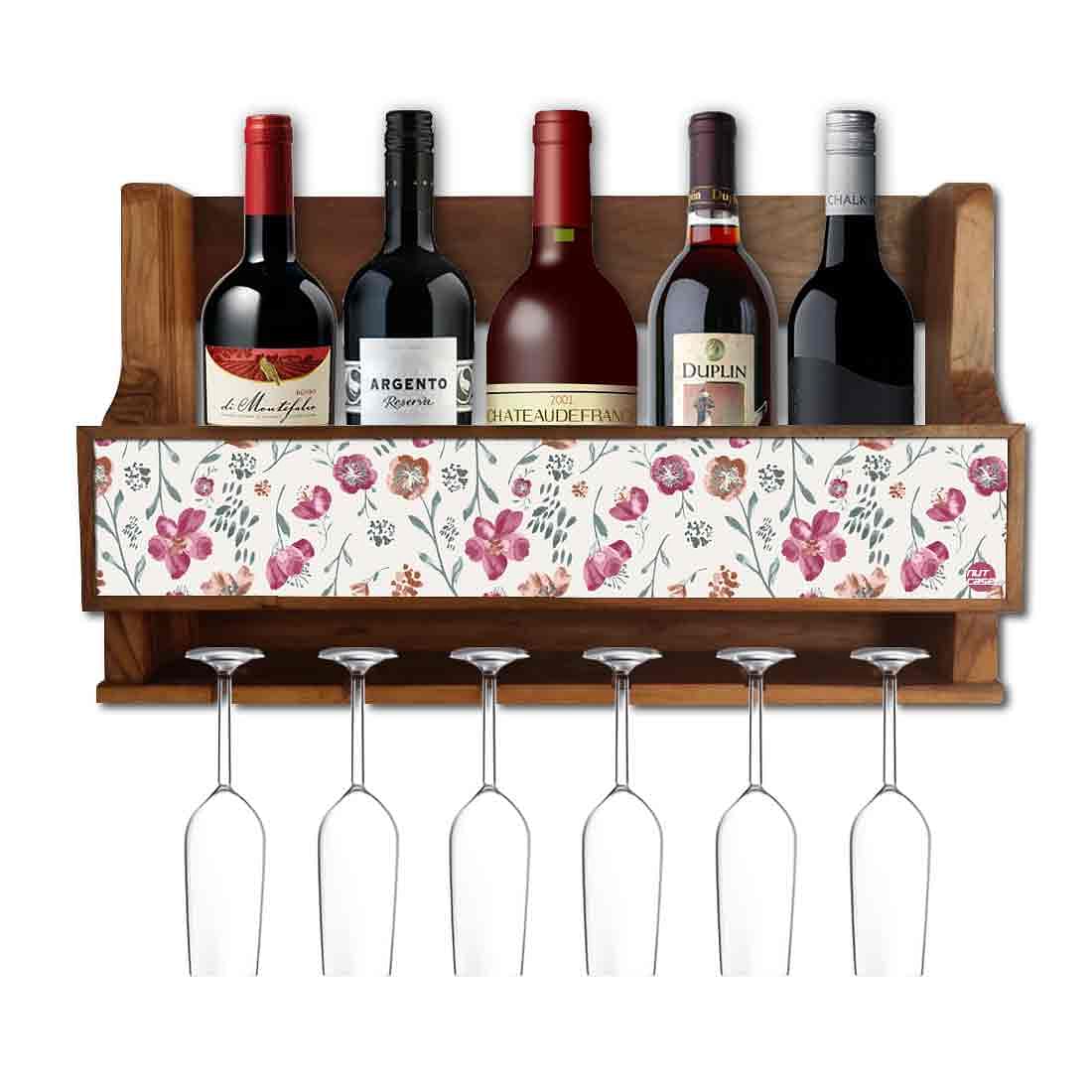 Nutcase Designer Wooden Wine Rack Gloss Holder, Teak Wood Wall Mounted Wine
Cabinet , 5 bottle Hangers for 6 Wine Glasses -