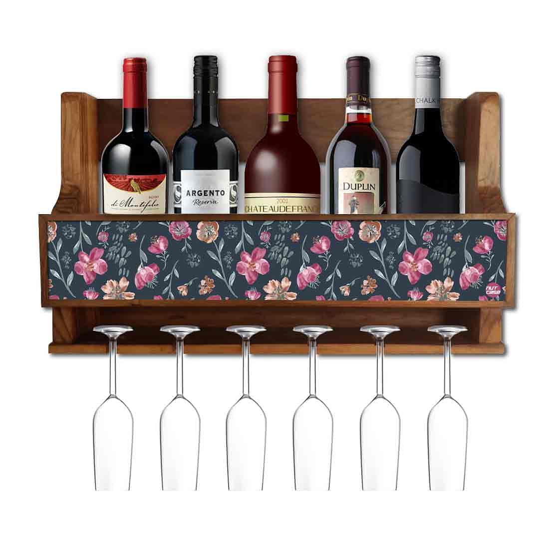 Nutcase Designer Wooden Wine Rack Gloss Holder, Teak Wood Wall Mounted Wine
Cabinet , 5 bottle Hangers for 6 Wine Glasses -