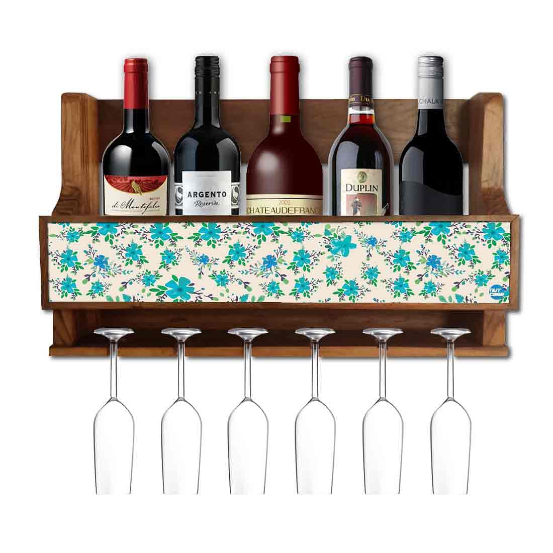 Nutcase Designer Wooden Wine Rack Gloss Holder, Teak Wood Wall Mounted Wine
 Cabinet , 5 bottle Hangers for 6 Wine Glasses -