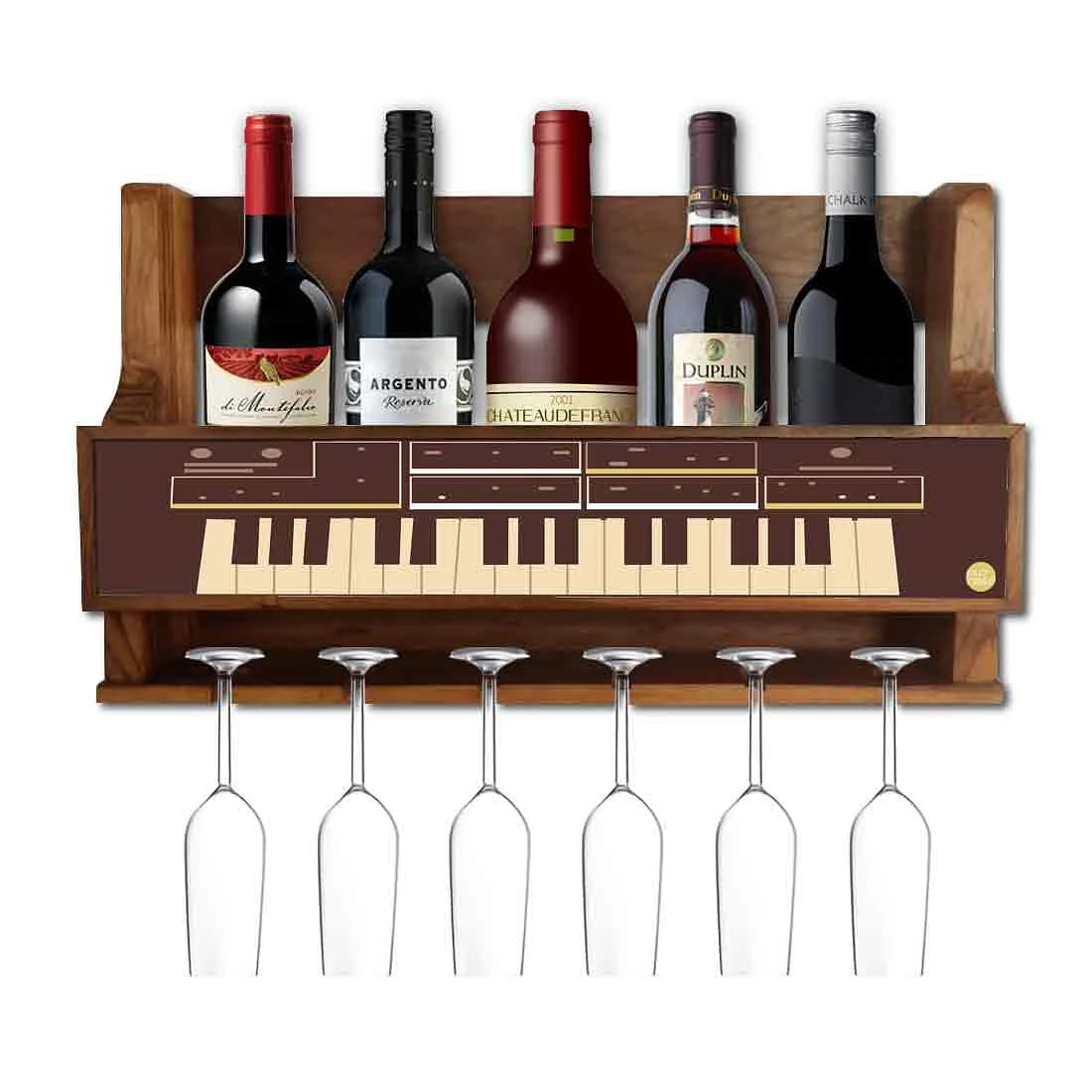 Small Wooden Wine Bottle Wall Rack Mini Bar Cabinet for Living Room 5 Bottles 6 Glasses - Vintage Map