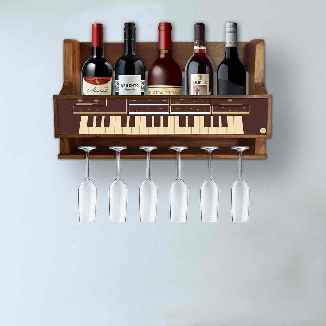 Small Wooden Wine Bottle Wall Rack Mini Bar Cabinet for Living Room 5 Bottles 6 Glasses - Vintage Map - Image 3