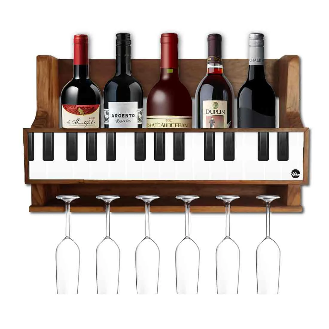 Nutcase Designer Wooden Wine Rack Gloss Holder, Teak Wood Wall Mounted Wine
Cabinet , 5 bottle Hangers for 6 Wine Glasses -