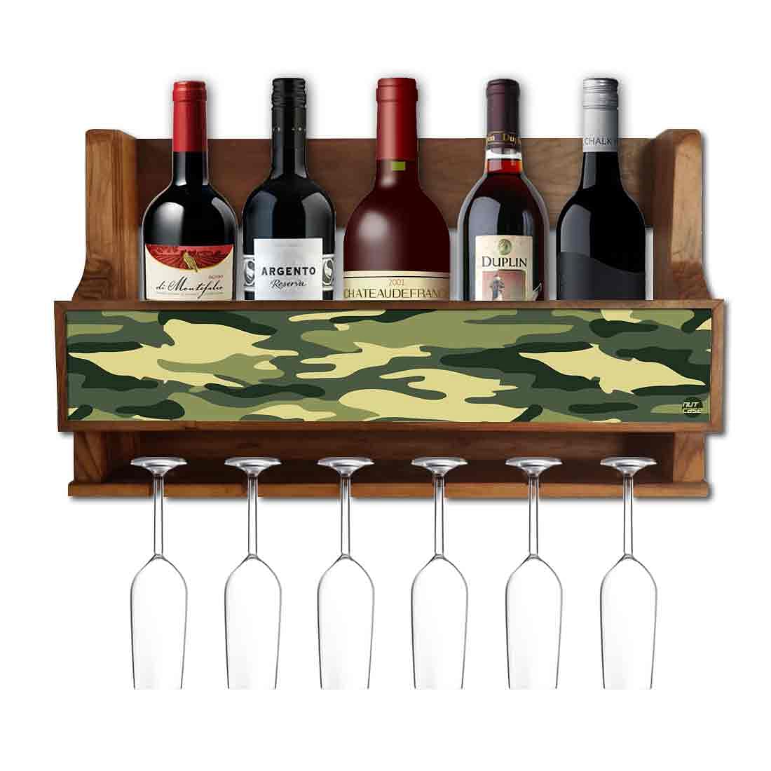 Nutcase Designer Wooden Wine Rack Gloss Holder, Teak Wood Wall Mounted Wine
Cabinet , 5 bottle Hangers for 6 Wine Glasses -