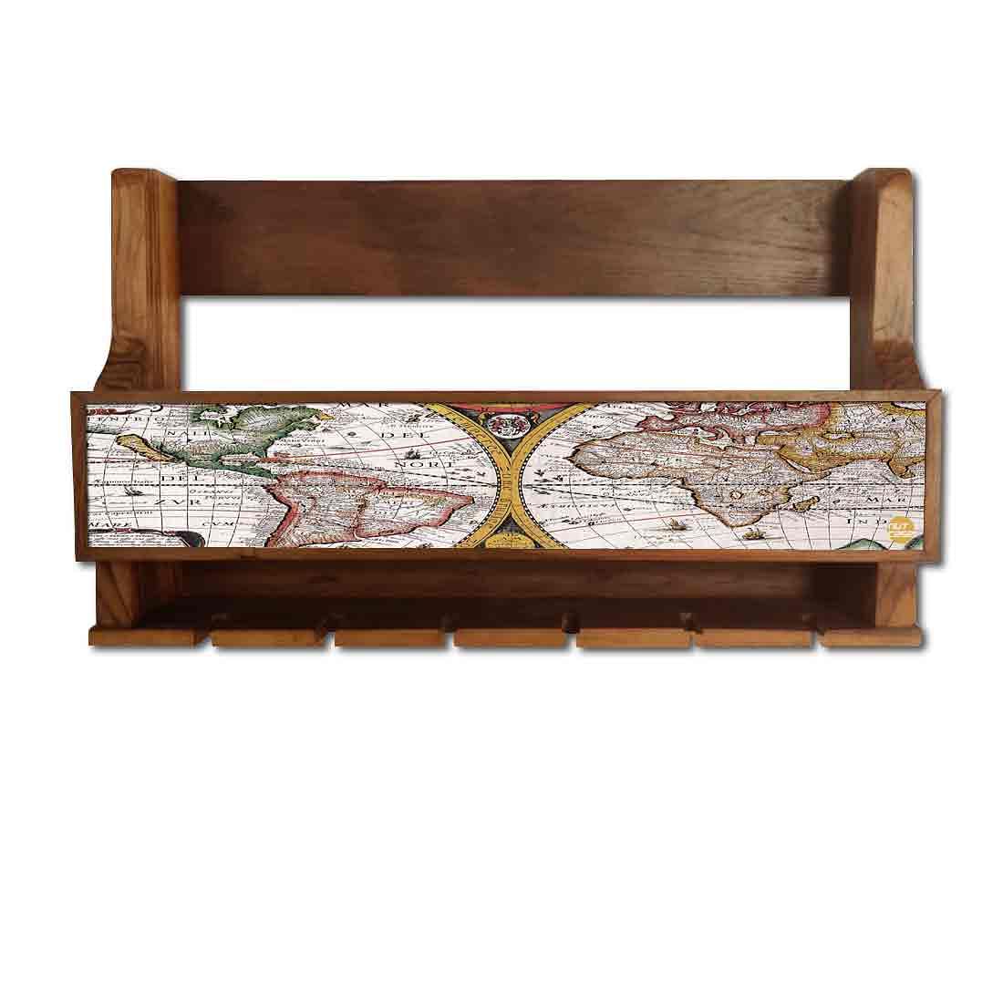 Wooden Wine Bottle Rack Wall Mounted Cabinet for 5 Bottles 6 Glasses - Map - Image 2