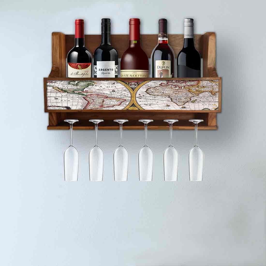 Wooden Wine Bottle Rack Wall Mounted Cabinet for 5 Bottles 6 Glasses - Map - Image 3