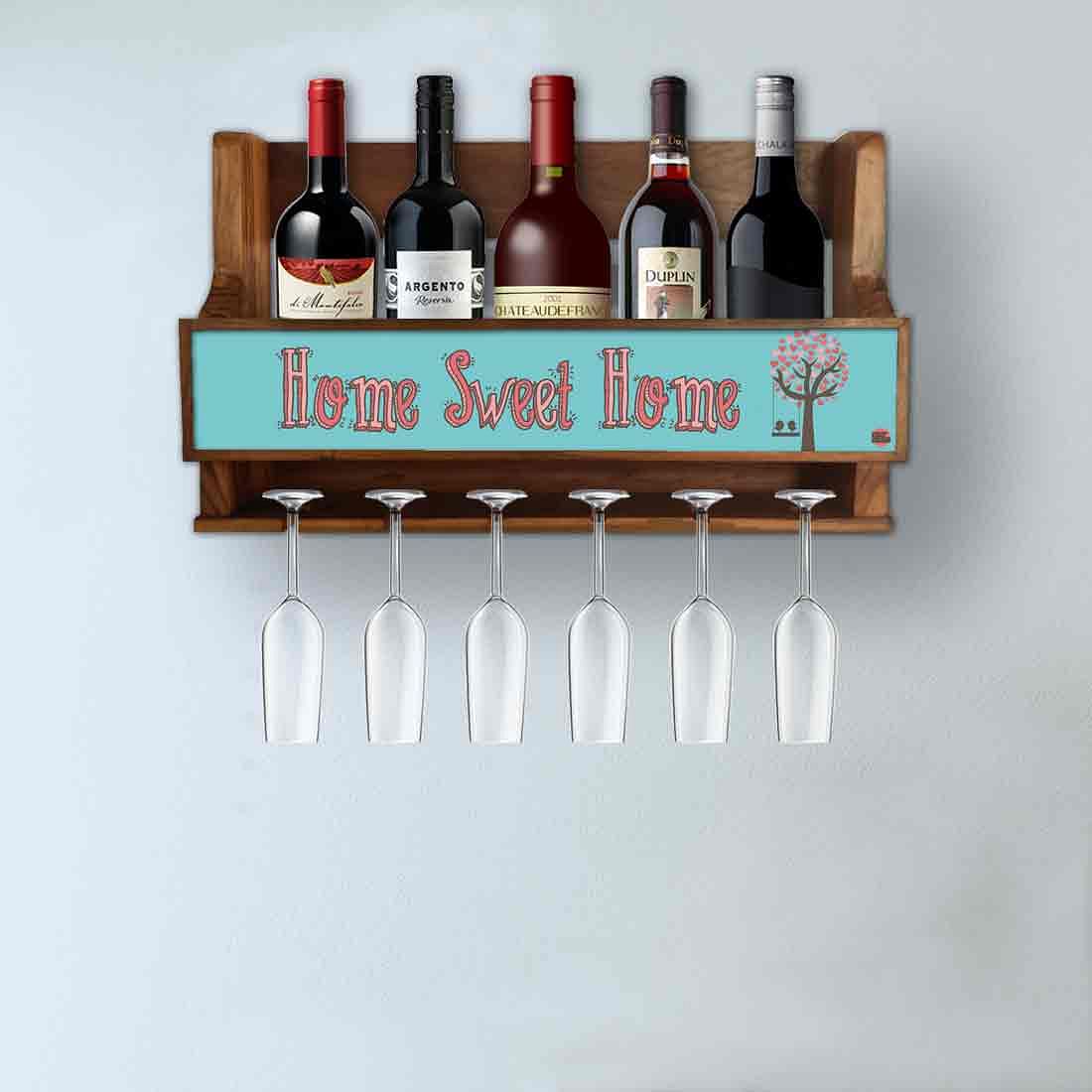 Designer Wooden Wall Wine Bottle Holder for Living Room 5 Bottles 6 Glasses - Sweet Home - Image 3