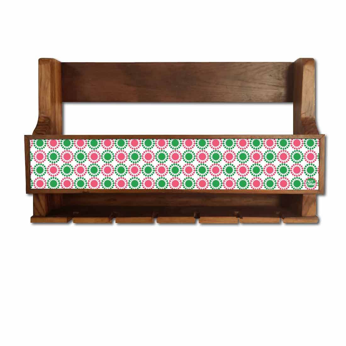 Nutcase Wooden Wine Bottle Holder Wall Mount Mini Bar for 5 bottles 6 Glasses-Pink Green Polka - Image 2