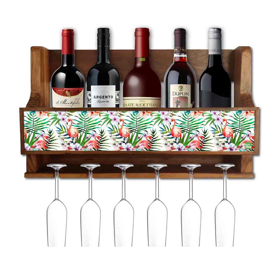 Nutcase Designer Wooden Wine Rack Gloss Holder, Teak Wood Wall Mounted Wine
Cabinet , 5 bottle Hangers for 6 Wine Glasses - Tropical