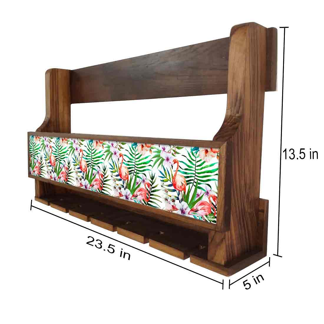 Nutcase Designer Wooden Wine Rack Gloss Holder, Teak Wood Wall Mounted Wine
Cabinet , 5 bottle Hangers for 6 Wine Glasses - Tropical - Image 4