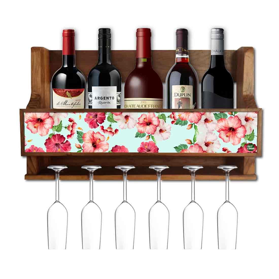 Nutcase Designer Wooden Wine Rack Gloss Holder, Teak Wood Wall Mounted Wine
Cabinet , 5 bottle Hangers for 6 Wine Glasses - Blue Floral