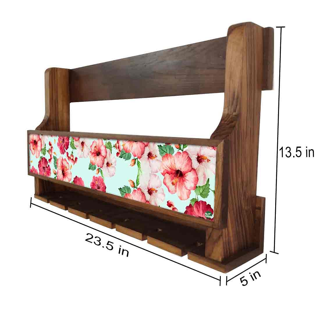 Nutcase Designer Wooden Wine Rack Gloss Holder, Teak Wood Wall Mounted Wine
Cabinet , 5 bottle Hangers for 6 Wine Glasses - Blue Floral - Image 4