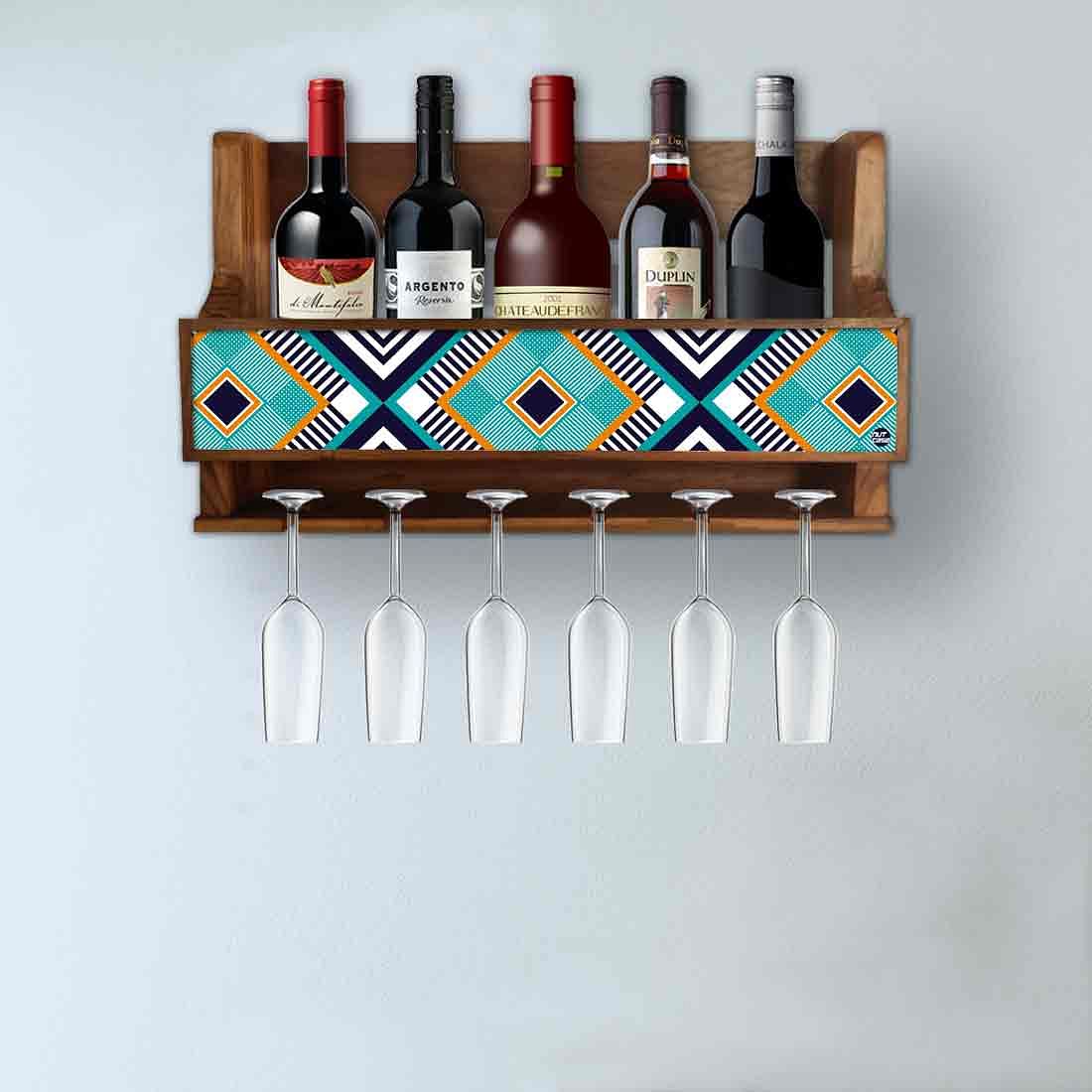 Small Wooden Wine Bottle Holder Wall Mounted for Living Room - Stores 5 Bottles 6 Glasses - Geometry - Image 3