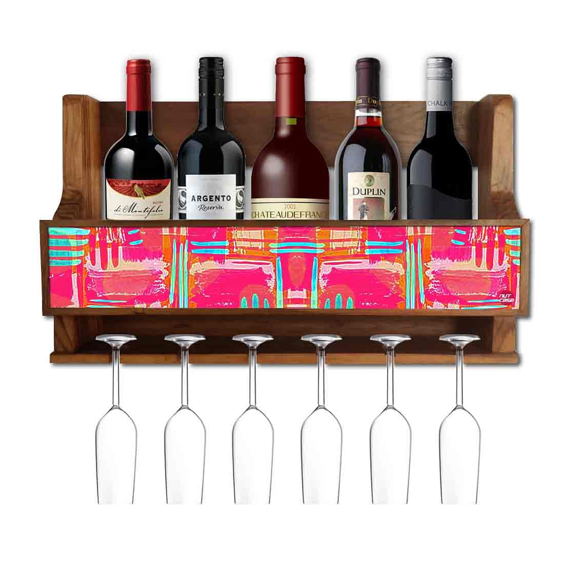 Nutcase Designer Wooden Wine Rack Gloss Holder, Teak Wood Wall Mounted Wine
Cabinet , 5 bottle Hangers for 6 Wine Glasses - Abstract Pink