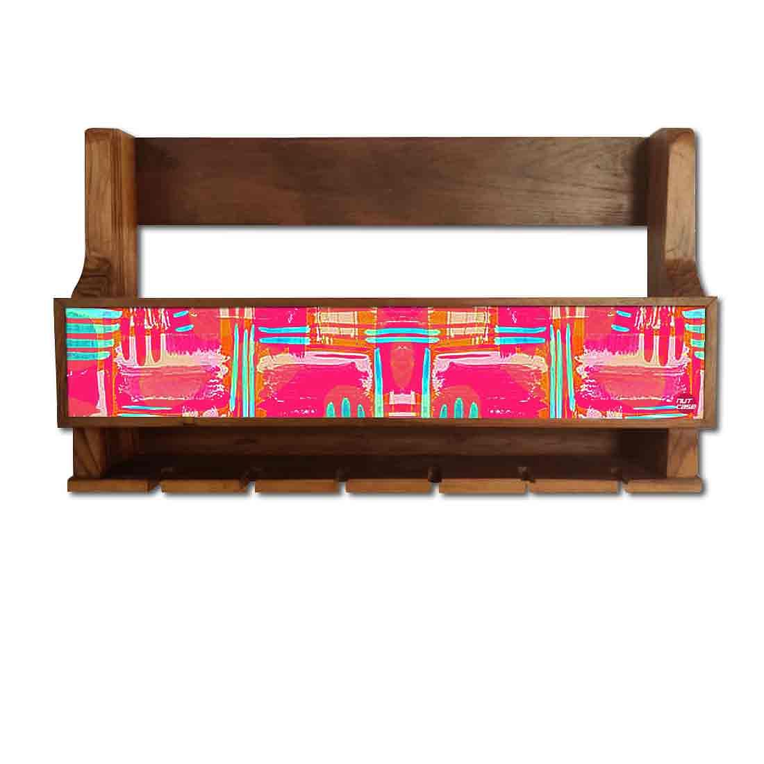 Nutcase Designer Wooden Wine Rack Gloss Holder, Teak Wood Wall Mounted Wine
Cabinet , 5 bottle Hangers for 6 Wine Glasses - Abstract Pink - Image 2