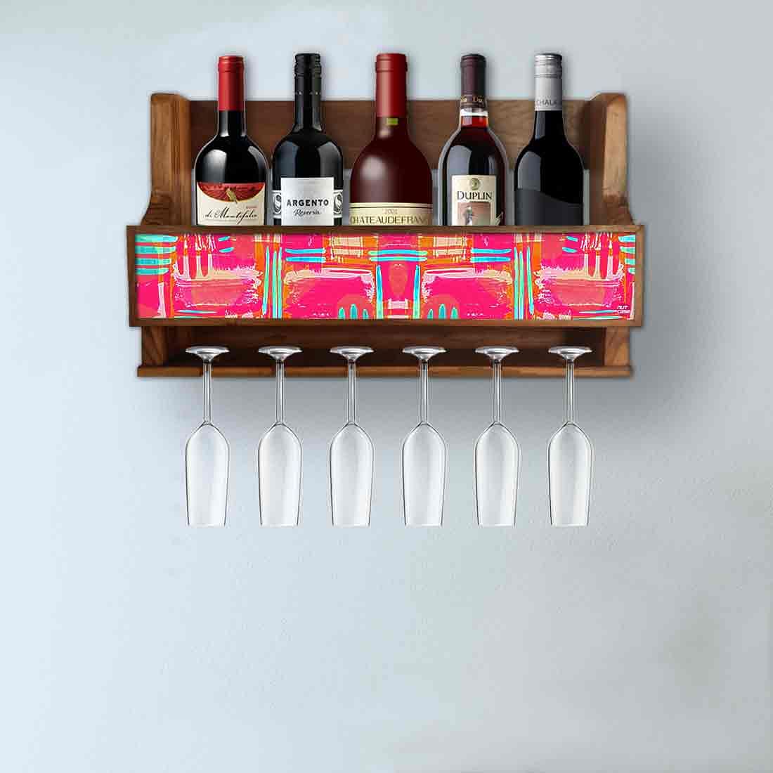 Nutcase Designer Wooden Wine Rack Gloss Holder, Teak Wood Wall Mounted Wine
Cabinet , 5 bottle Hangers for 6 Wine Glasses - Abstract Pink - Image 3