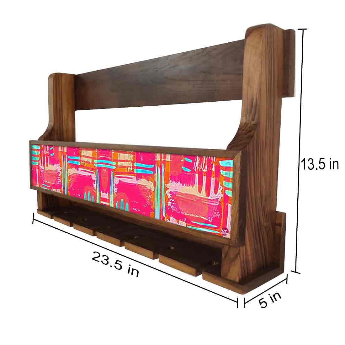 Nutcase Designer Wooden Wine Rack Gloss Holder, Teak Wood Wall Mounted Wine
Cabinet , 5 bottle Hangers for 6 Wine Glasses - Abstract Pink - Image 4