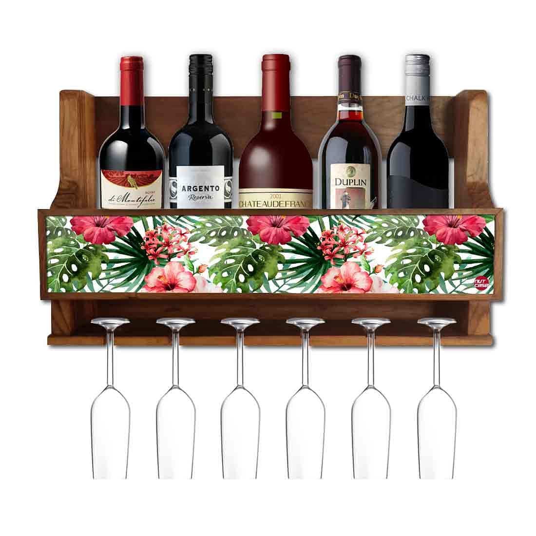 Nutcase Designer Wooden Wine Rack Gloss Holder, Teak Wood Wall Mounted Wine
 Cabinet , 5 bottle Hangers for 6 Wine Glasses -  Sweet Flowers