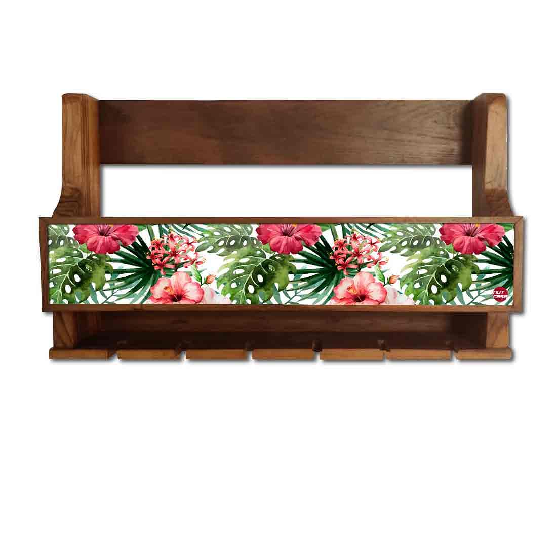 Nutcase Designer Wooden Wine Rack Gloss Holder, Teak Wood Wall Mounted Wine
 Cabinet , 5 bottle Hangers for 6 Wine Glasses -  Sweet Flowers - Image 2