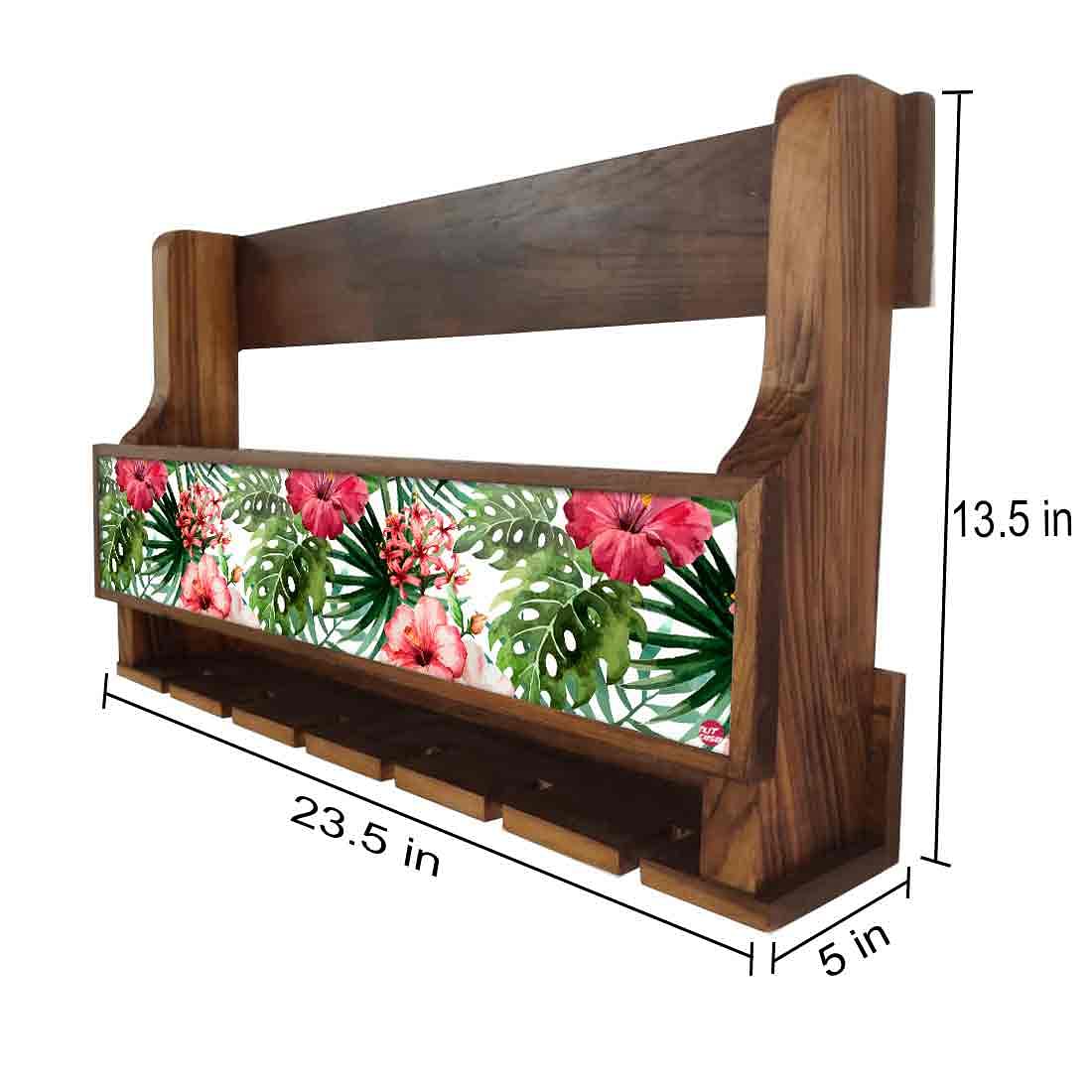 Nutcase Designer Wooden Wine Rack Gloss Holder, Teak Wood Wall Mounted Wine
 Cabinet , 5 bottle Hangers for 6 Wine Glasses -  Sweet Flowers - Image 4