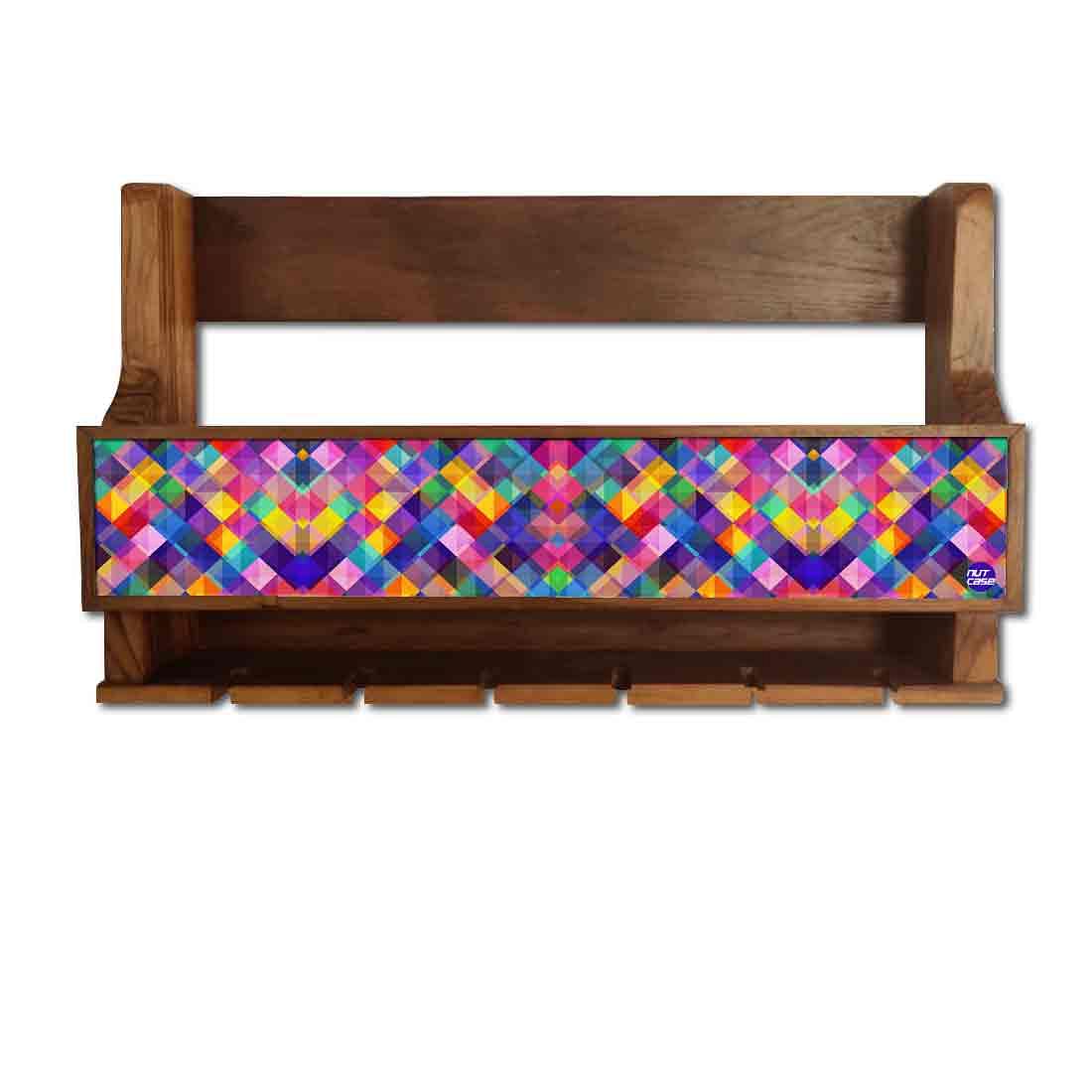 Nutcase Wall Wine Rack Mini Bar for living room-Stores 5 bottles 6 Wine Glasses-Colorful Burlap - Image 2