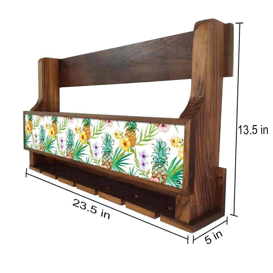 Nutcase Designer Wooden Wine Rack Gloss Holder, Teak Wood Wall Mounted Wine
 Cabinet , 5 bottle Hangers for 6 Wine Glasses -  Pineapple Garden - Image 4