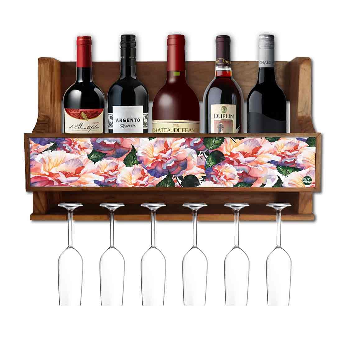 Nutcase Designer Wooden Wine Rack Gloss Holder, Teak Wood Wall Mounted Wine
Cabinet , 5 bottle Hangers for 6 Wine Glasses - Floral Vintage