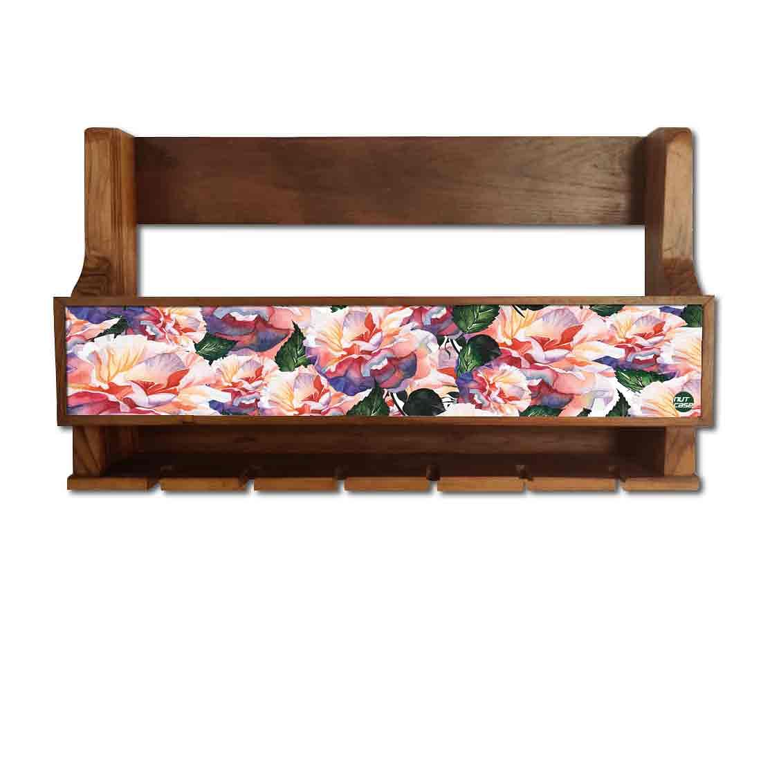 Nutcase Designer Wooden Wine Rack Gloss Holder, Teak Wood Wall Mounted Wine
Cabinet , 5 bottle Hangers for 6 Wine Glasses - Floral Vintage - Image 2