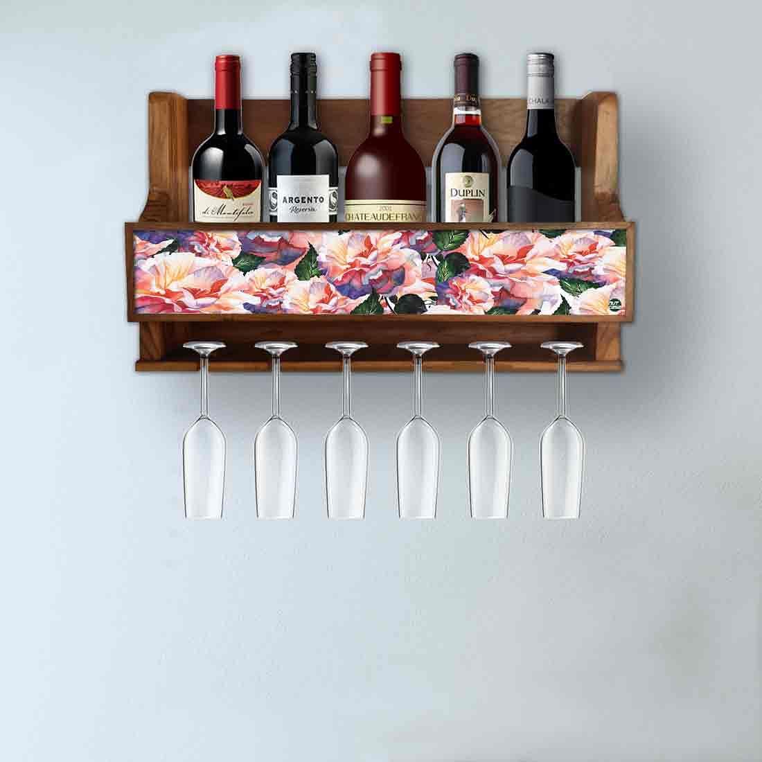 Nutcase Designer Wooden Wine Rack Gloss Holder, Teak Wood Wall Mounted Wine
Cabinet , 5 bottle Hangers for 6 Wine Glasses - Floral Vintage - Image 3