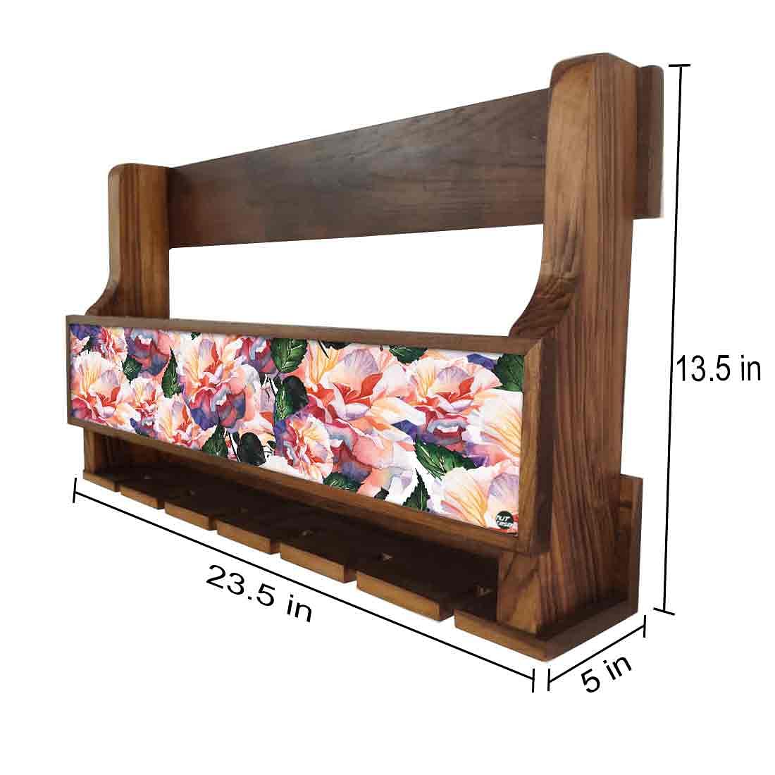 Nutcase Designer Wooden Wine Rack Gloss Holder, Teak Wood Wall Mounted Wine
Cabinet , 5 bottle Hangers for 6 Wine Glasses - Floral Vintage - Image 4