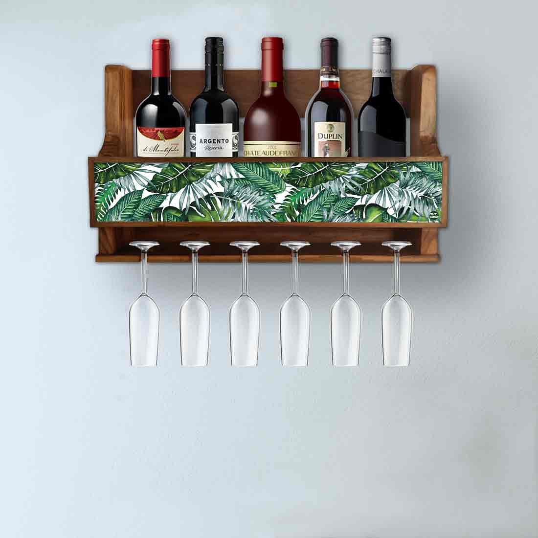 Wall Mounted Wine Glass Rack Mini Bar for 5 Bottles 6 Glasses - Green Leaves - Image 3