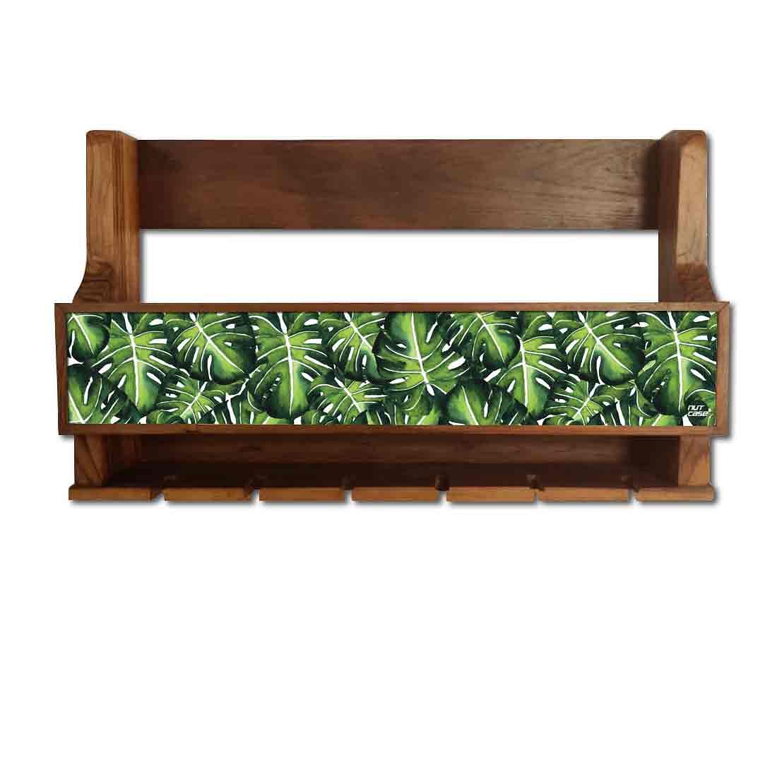 Wooden Wine Glass Wall Rack Cabinet for Living Room 5 Bottles 6 Glasses - Monstera Leaves - Image 2