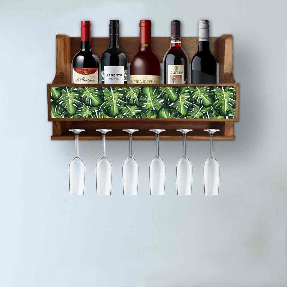 Wooden Wine Glass Wall Rack Cabinet for Living Room 5 Bottles 6 Glasses - Monstera Leaves - Image 3
