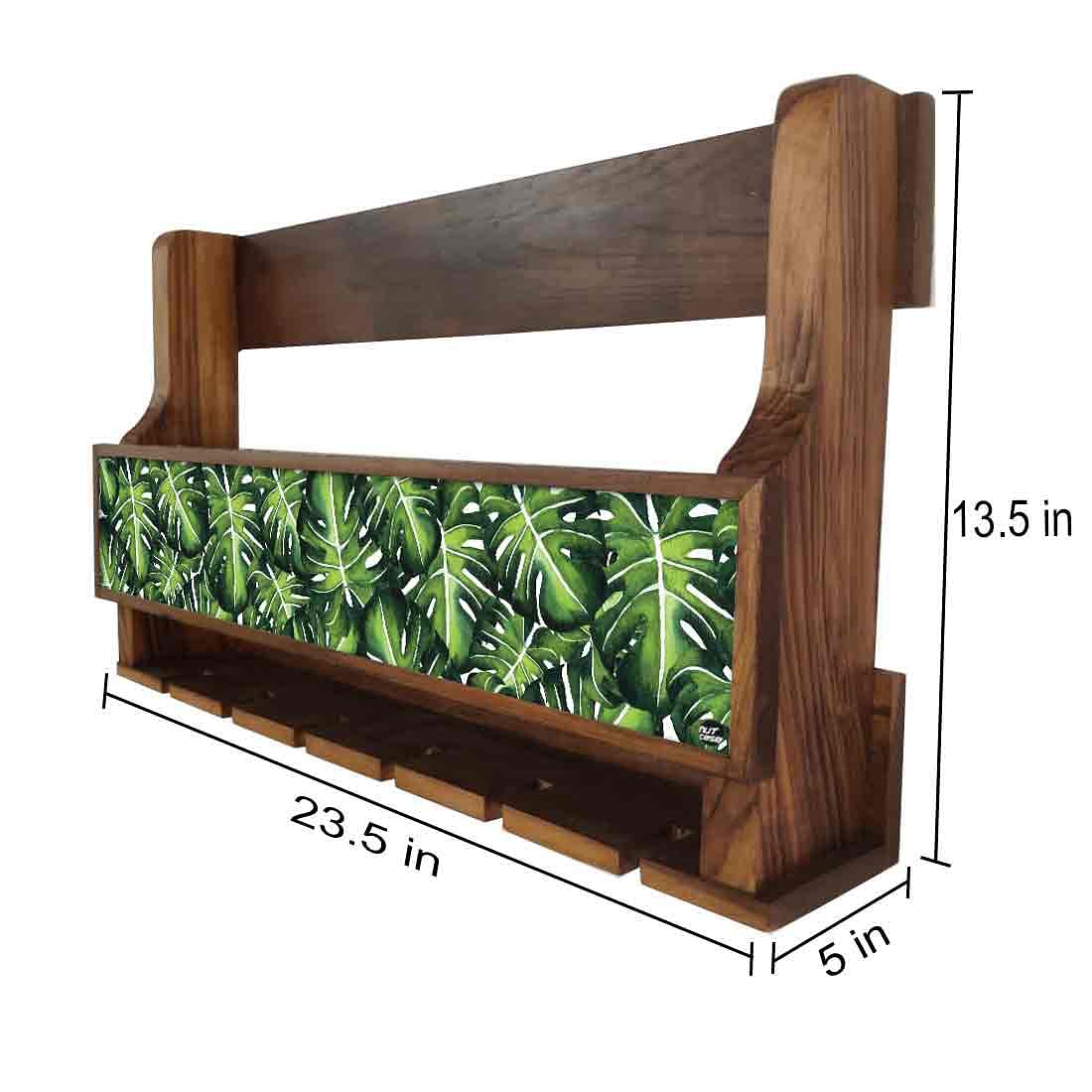 Wooden Wine Glass Wall Rack Cabinet for Living Room 5 Bottles 6 Glasses - Monstera Leaves - Image 4