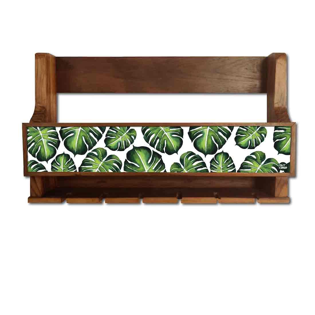 Wall Mounted Mini Bar Cabinet Wooden Wine Holder for 5 Bottles and 6 Glasses - Monstera Jungle - Image 2