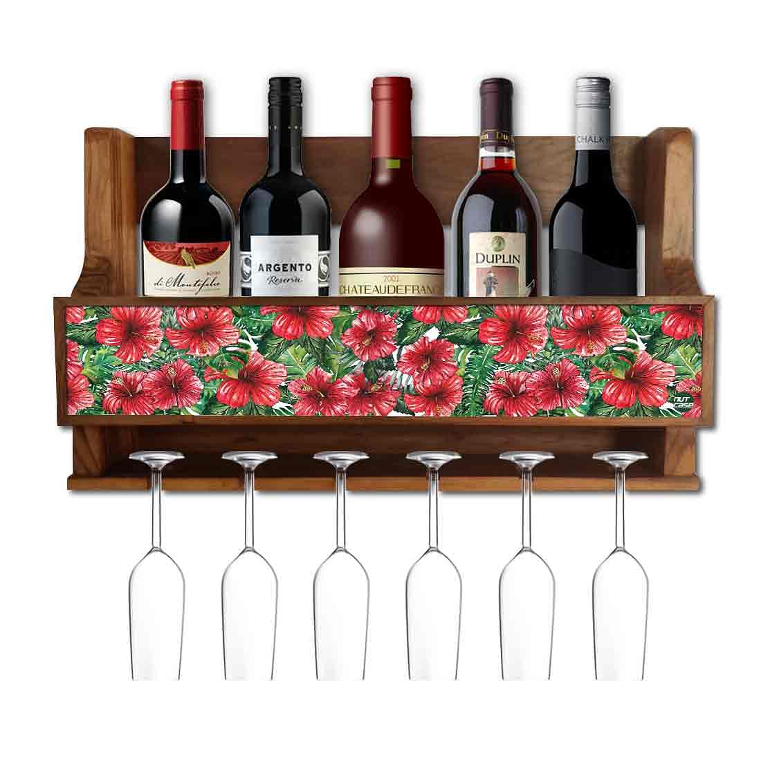 Wood Wine Rack Wall Glass Holder for Living Room - Stores 5 Bottles 6 Glasses - Hibiscus Flower