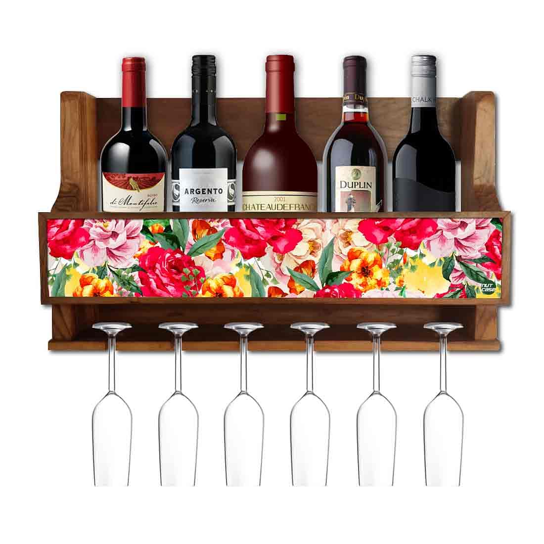 Wooden Wall Wine Bottle Holder Mini Bar for Living Room 5 Bottles 6 Glasses - Roses