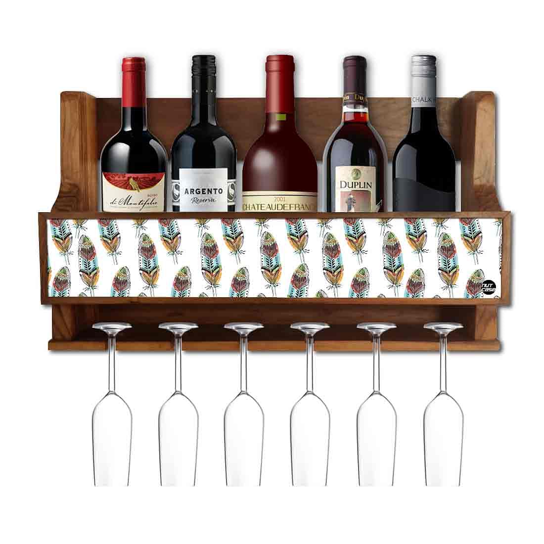 Wooden Wine Glass Rack Wall Mounted 5 bottle 6 Glasses - Feathers In White