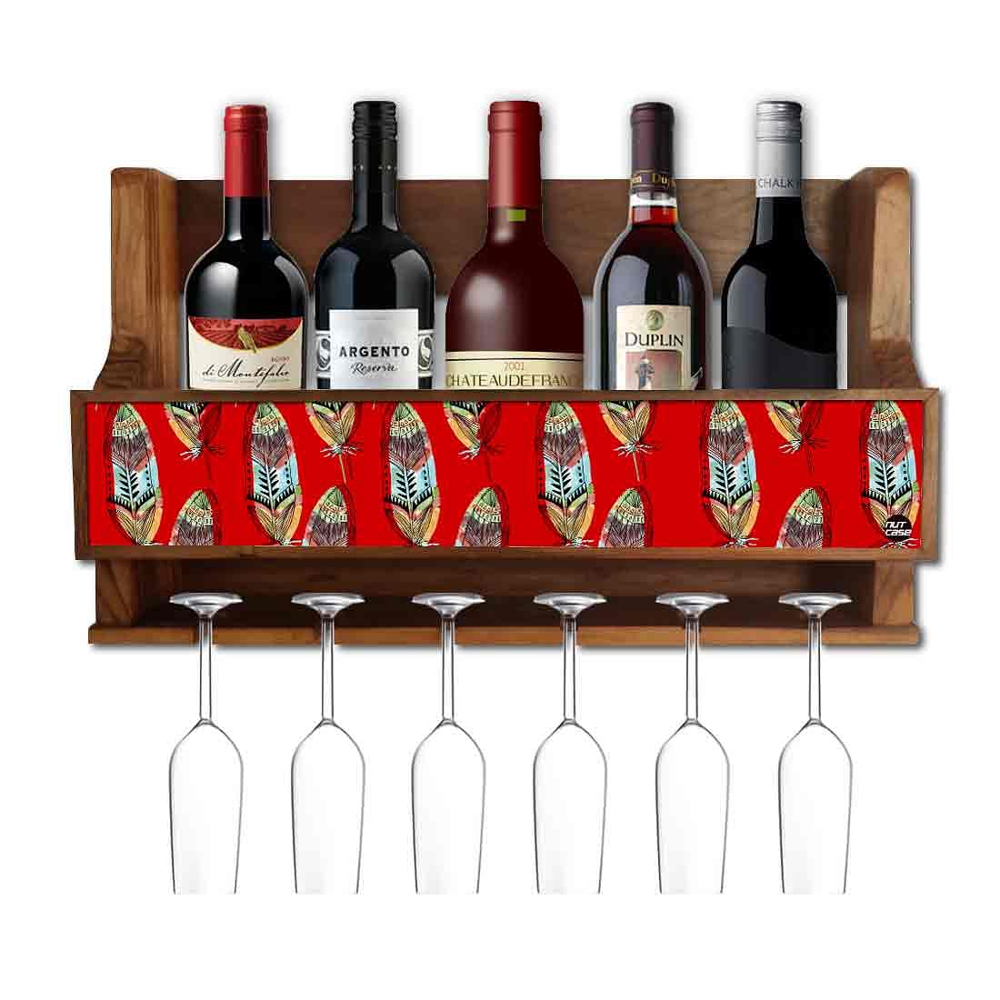 Nutcase Designer Wooden Wine Rack Gloss Holder, Teak Wood Wall Mounted Wine
Cabinet , 5 bottle Hangers for 6 Wine Glasses - Blood Feathers