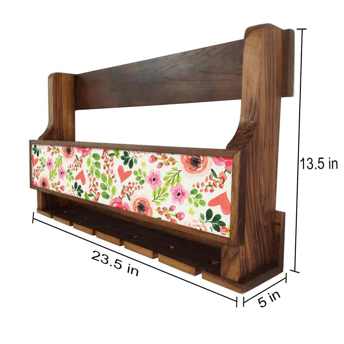 Nutcase Designer Wooden Wine Rack Gloss Holder, Teak Wood Wall Mounted Wine
Cabinet , 5 bottle Hangers for 6 Wine Glasses - Baby Flower - Image 4