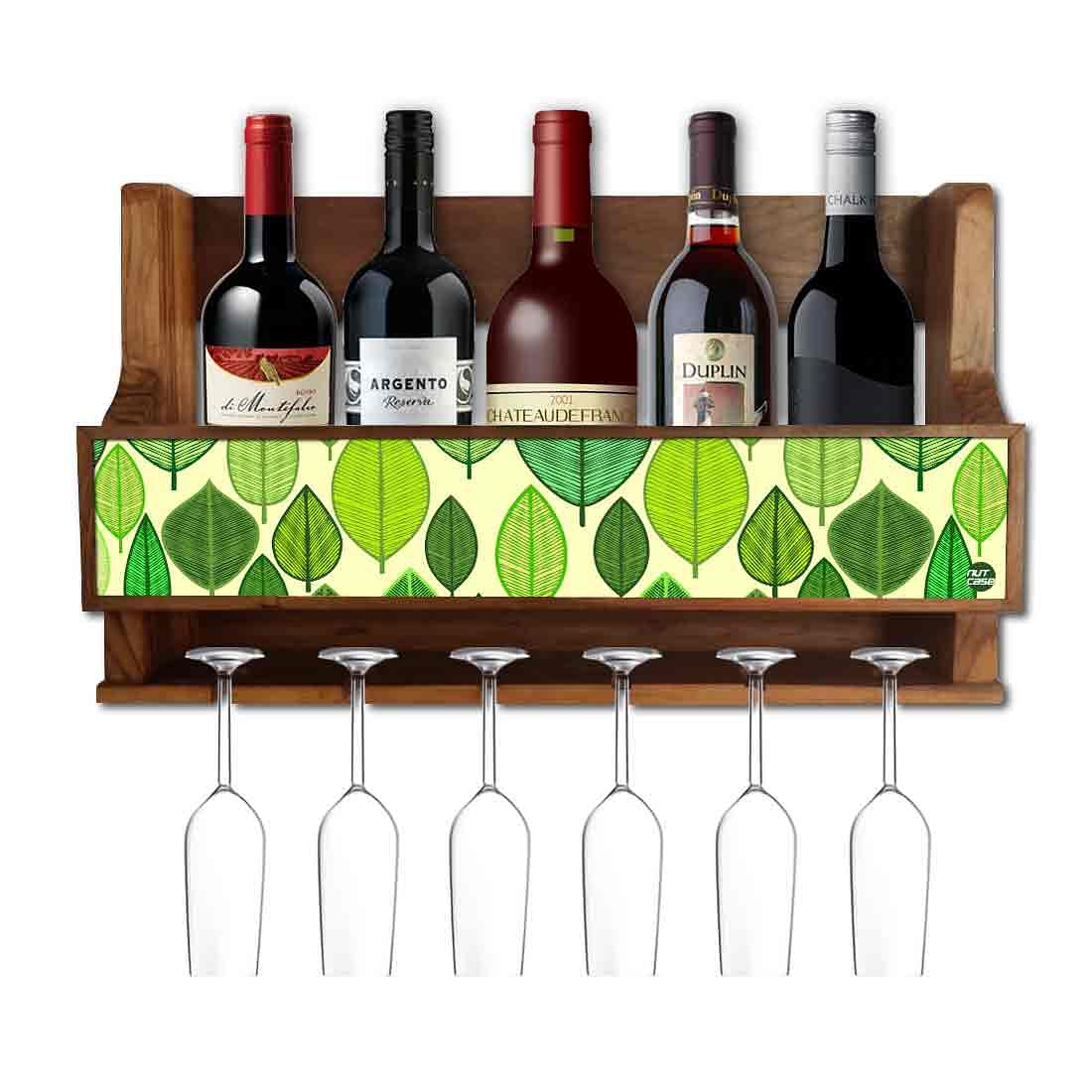 Nutcase Designer Wooden Wine Rack Gloss Holder, Teak Wood Wall Mounted Wine
 Cabinet , 5 bottle Hangers for 6 Wine Glasses -  Leaves Everywhere